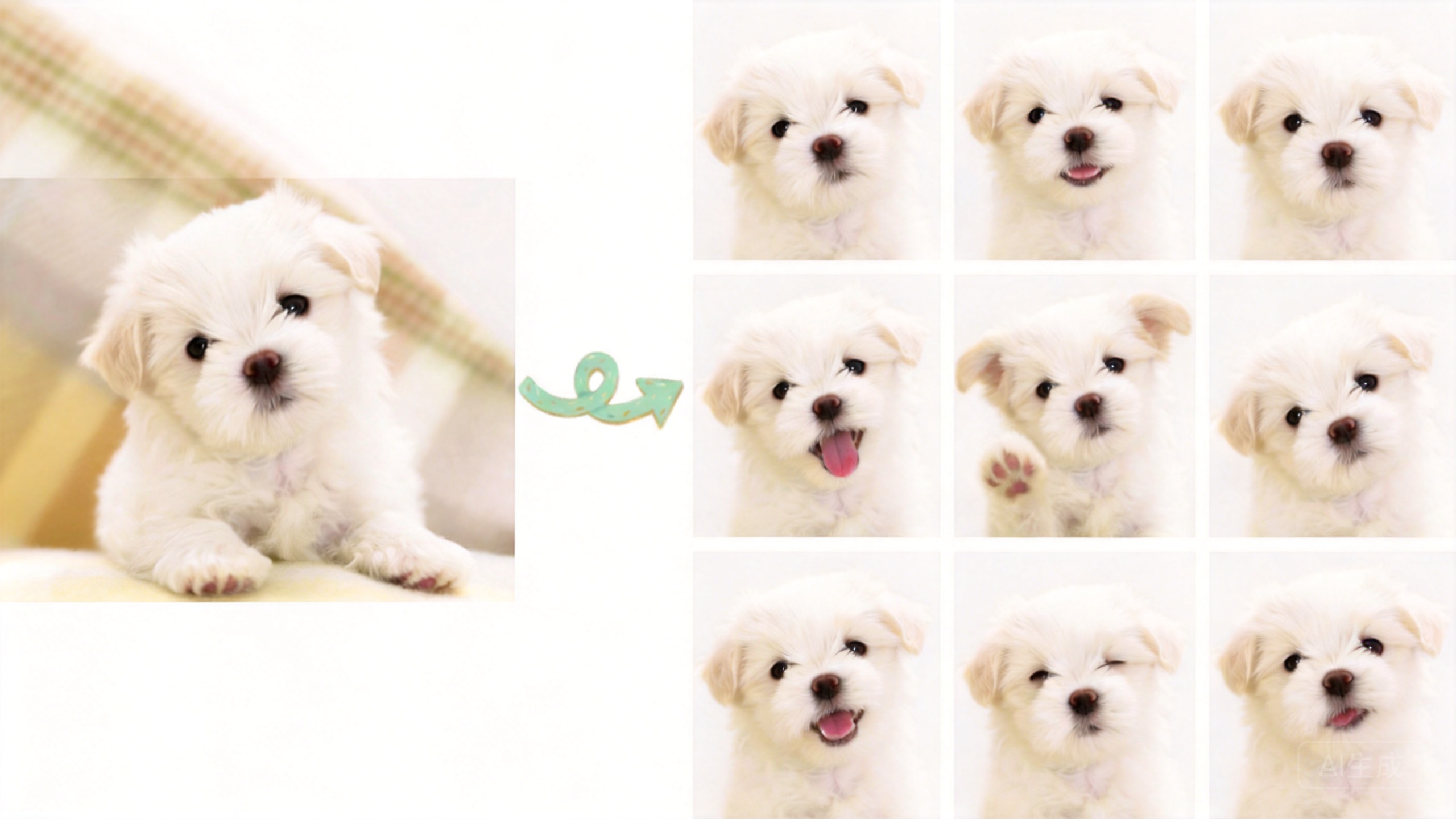 AI transforms a single dog photo into a stunning 9-panel artistic collage portrait with varied styles including watercolor, oil painting, and digital art