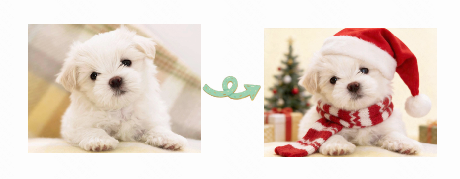 AI transforms your dog photo into a magical Christmas scene with Santa hat, snowflakes, holiday lights, and cozy winter decorations