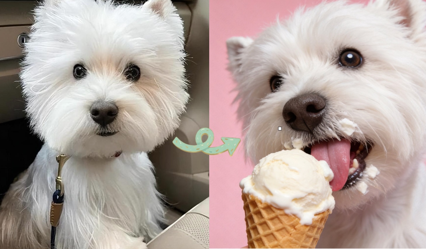 AI creates an extreme close-up studio dog portrait licking vanilla ice cream on waffle cone, pink tongue with cream smeared on lips, soft pink background with ring light catchlights, professional commercial pet photography
