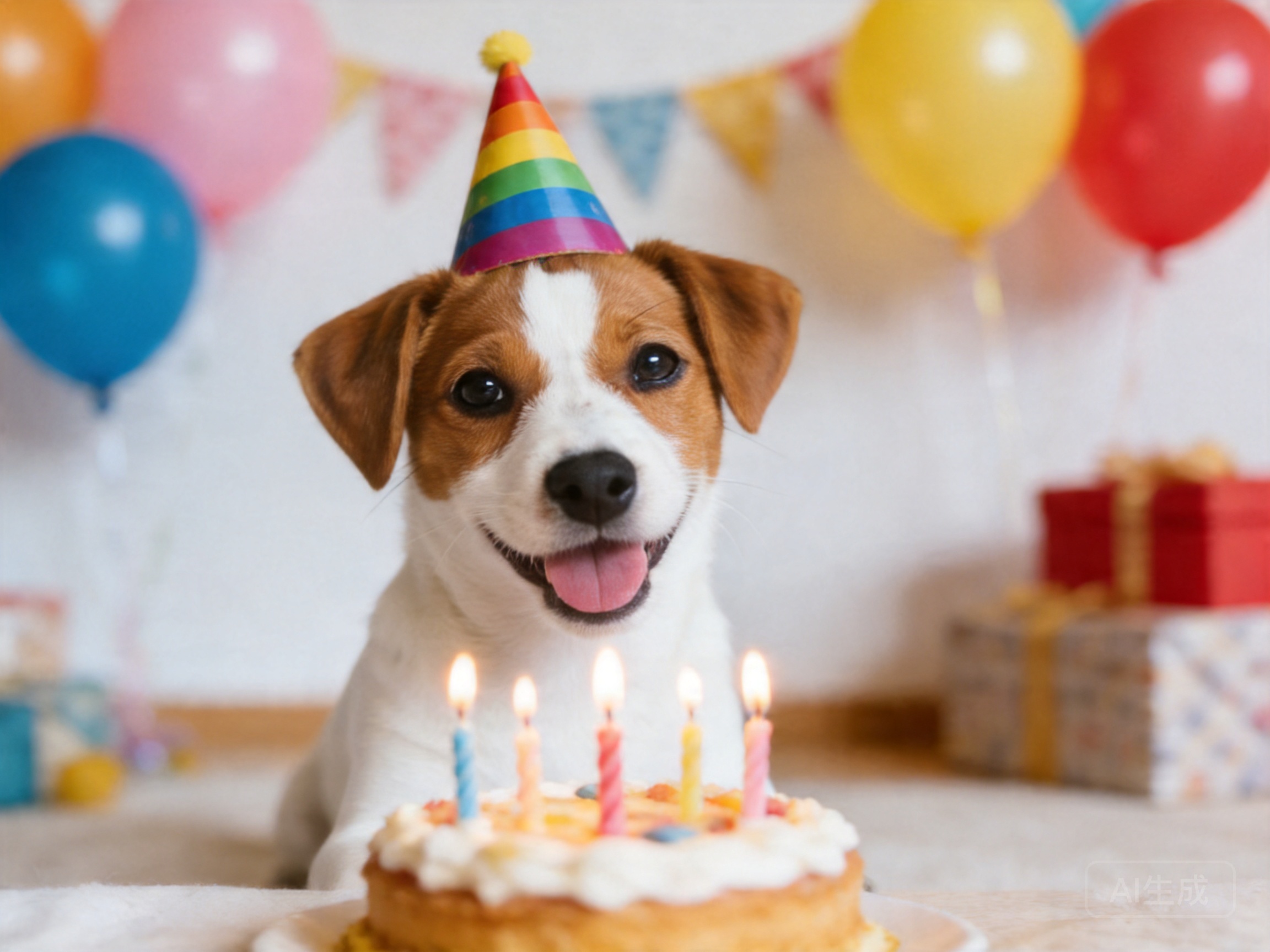 AI dog birthday photo with party hat, balloons, cake, and celebration decorations - perfect pet birthday portrait