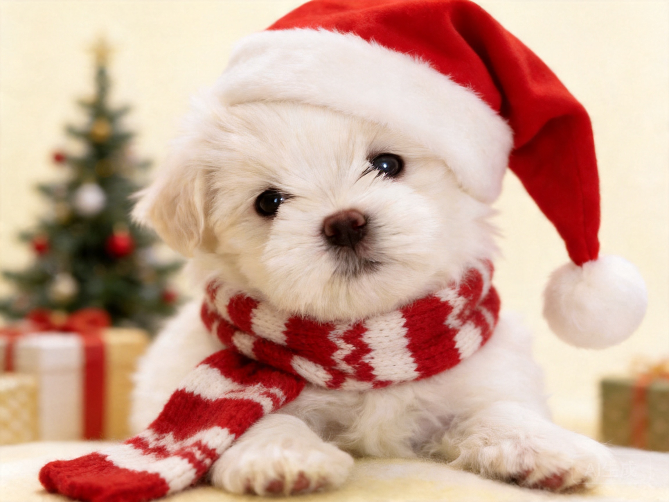 AI Christmas dog photo with Santa hat, holiday decorations, and festive winter scene - perfect holiday pet portrait