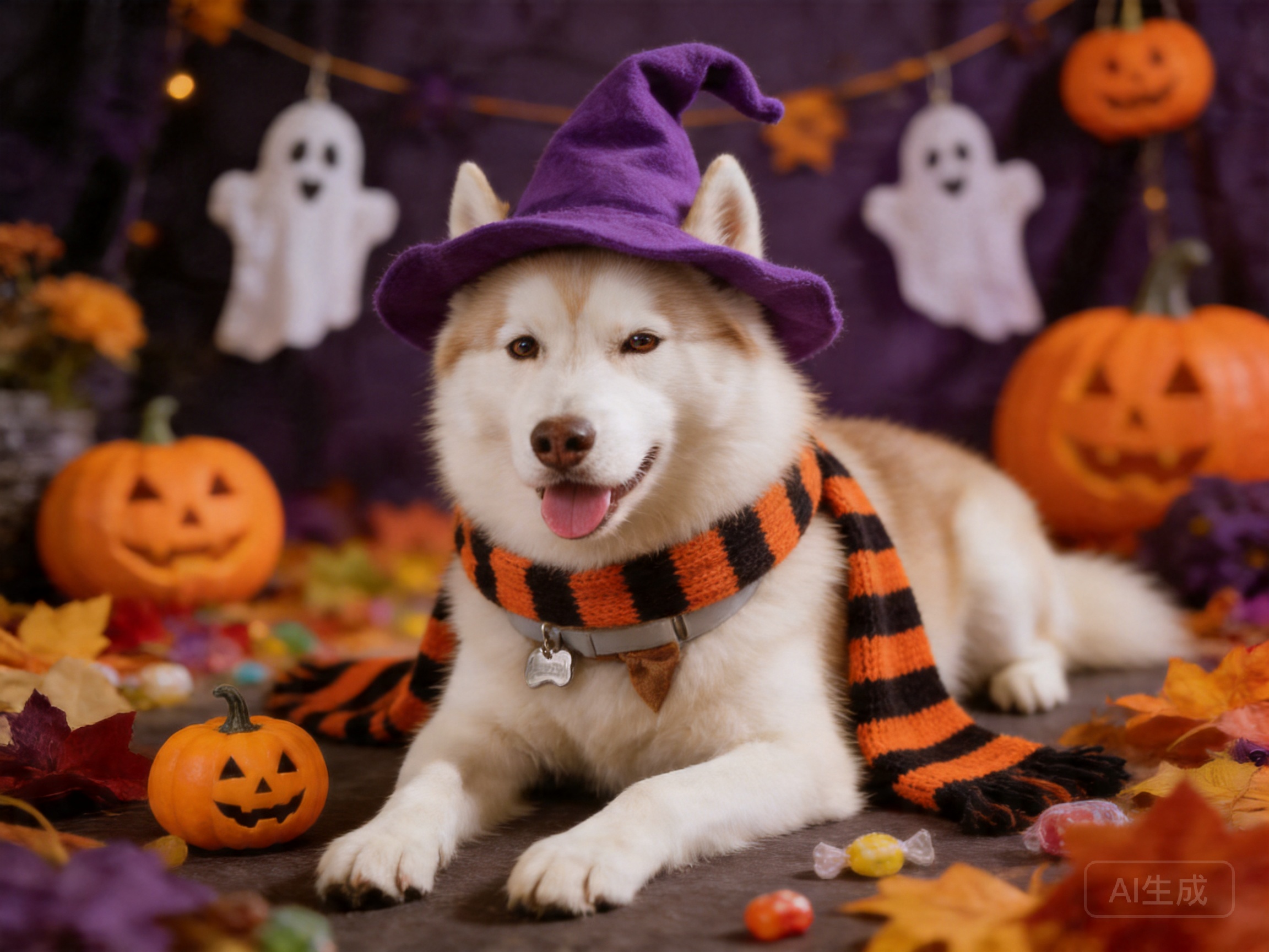 AI Halloween dog photo with cute costume, pumpkins, and spooky decorations - adorable pet Halloween portrait