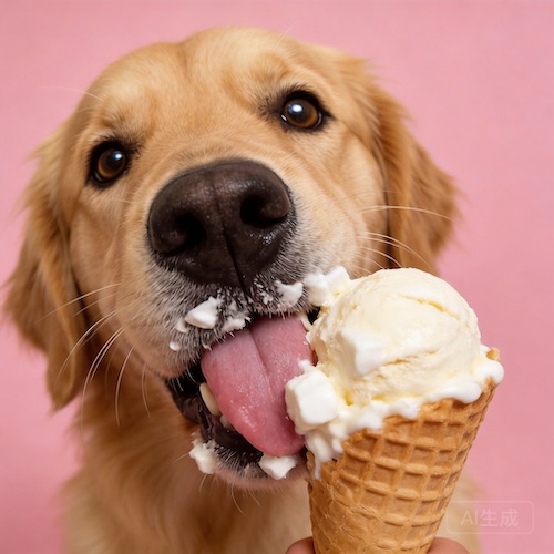 AI creates an extreme close-up studio portrait of a dog passionately licking vanilla ice cream on a waffle cone, pink tongue out, ice cream smeared on lips and whiskers, pure soft pink background, professional commercial pet photography with ring light catchlights in eyes