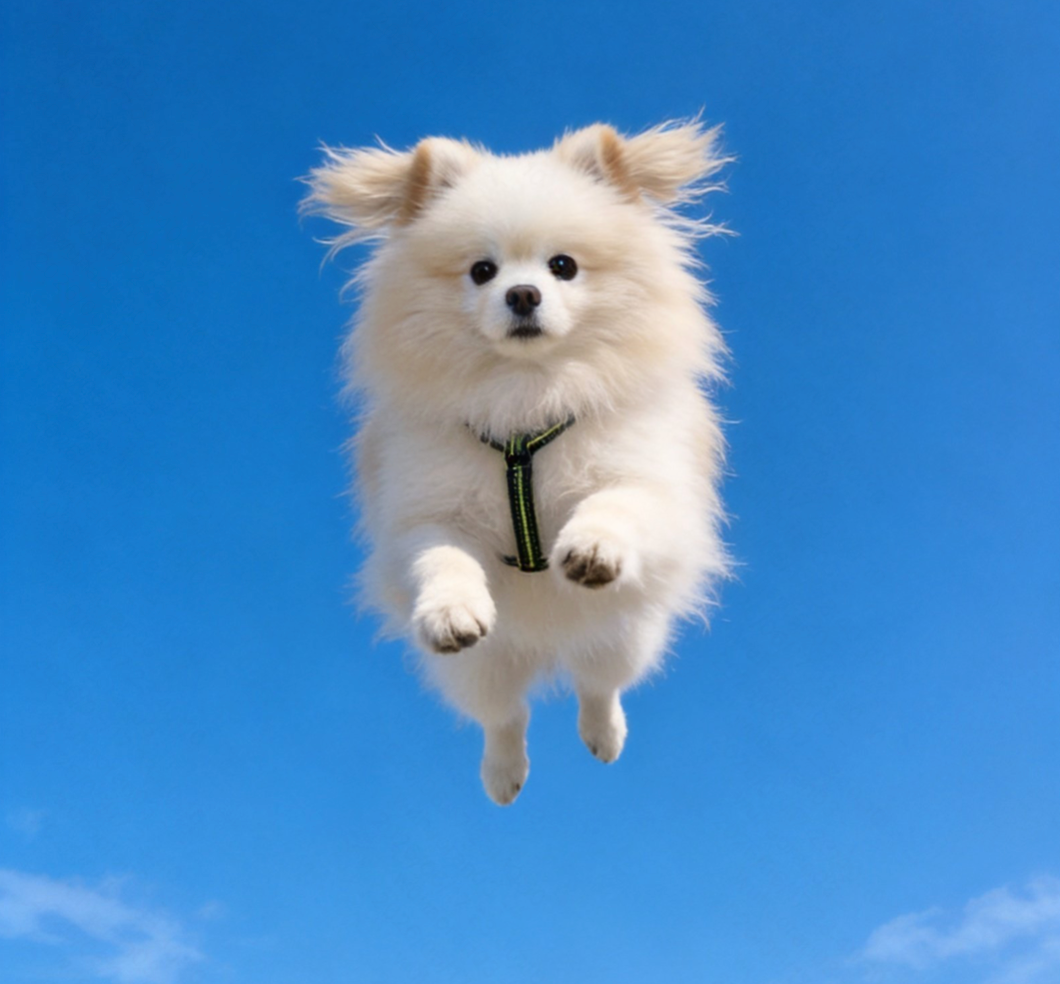AI creates a surreal floating dog portrait in clear blue sky - low-angle bug-view perspective with clouds, frozen mid-jump motion, commercial ad style